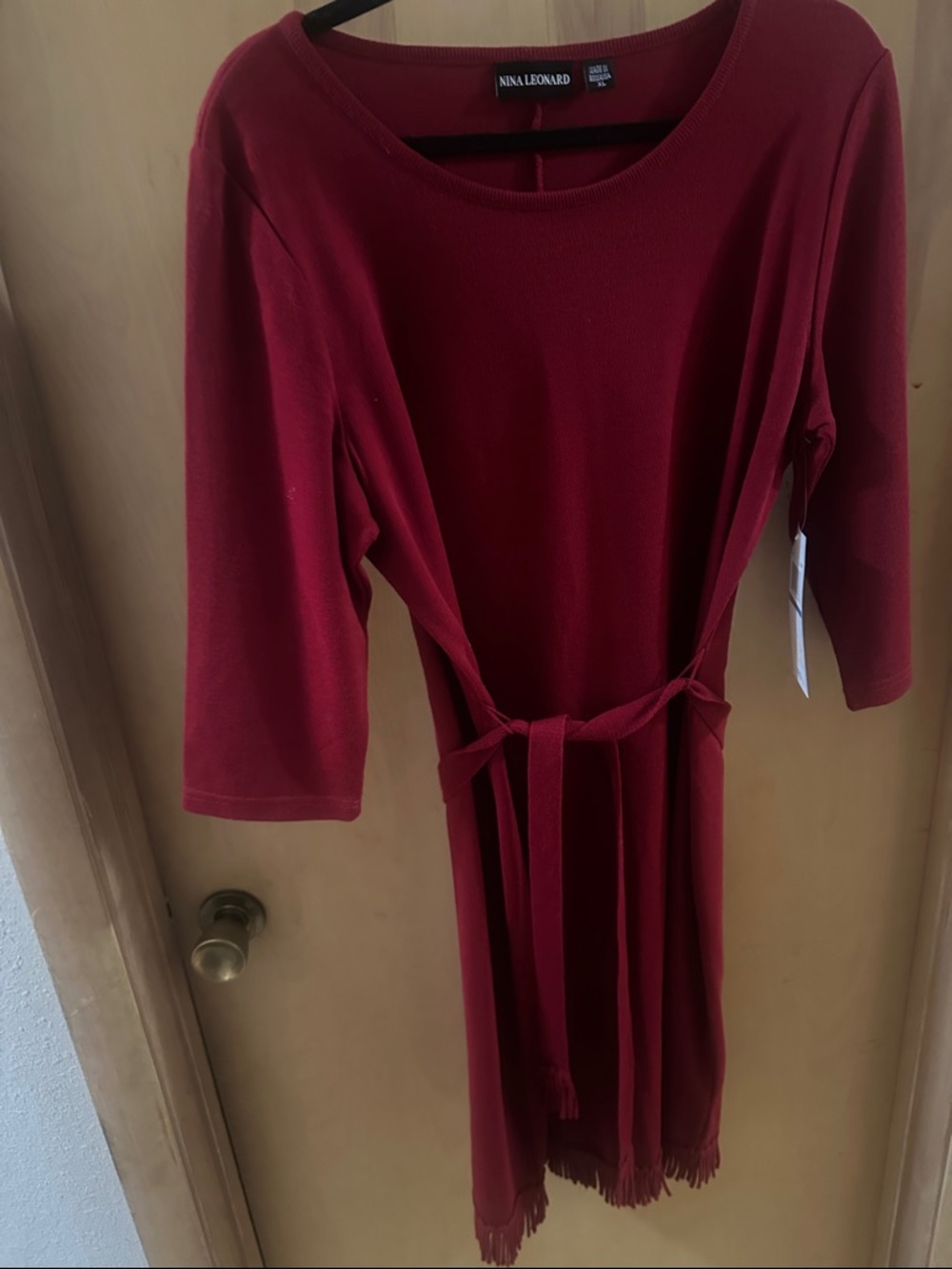 Nina Leonard Burgundy Tie-Waist Long Sleeve Knit Dress